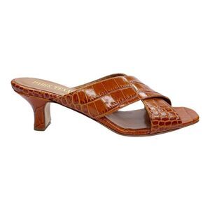PARIS TEXAS Croc Embossed Crisscross Sandals in Cognac